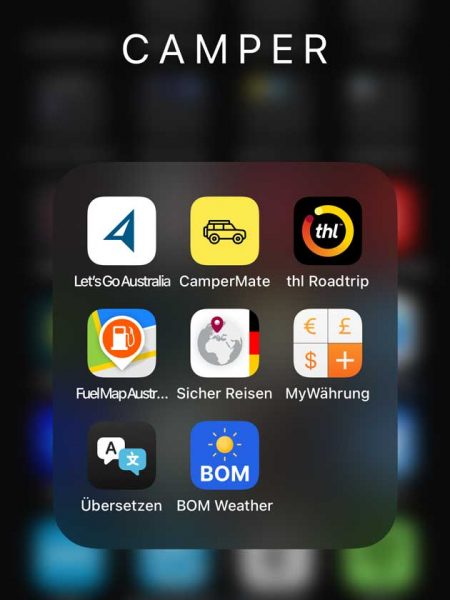 Ein Screenshot eines Mobiltelefons mit verschiedenen Apps für eine Australienreise