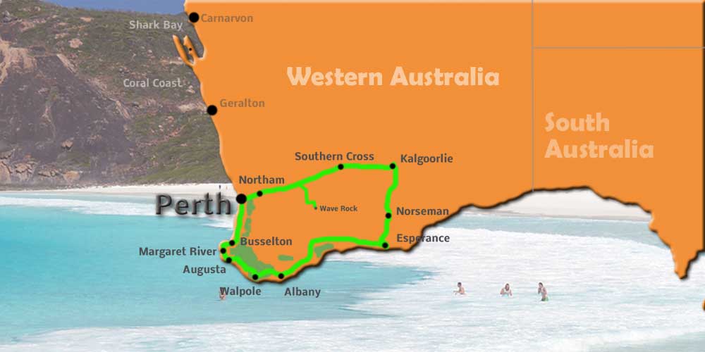 Ein Kartenausschnitt von Western Australia mit der Strecke Südtour ab Perth