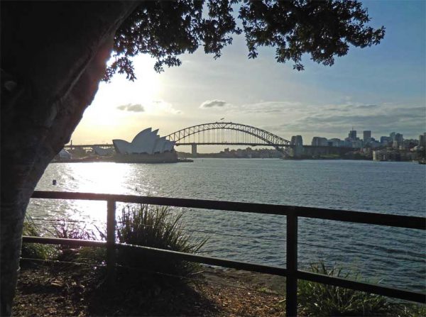 Ein Blick vom Botanischen Garten in Sydney über den Hafen mit dem Opern Haus und der Sydney Harbour Bridge.