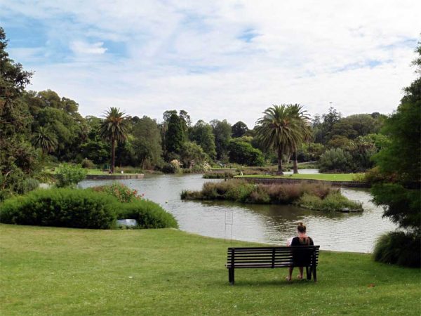 Eine Frau sitzt auf einer Parkbank im Royal Botanic Gardens Melbourne