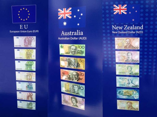 Verschieden Banknoten von Europa, Australien und Neuseeland